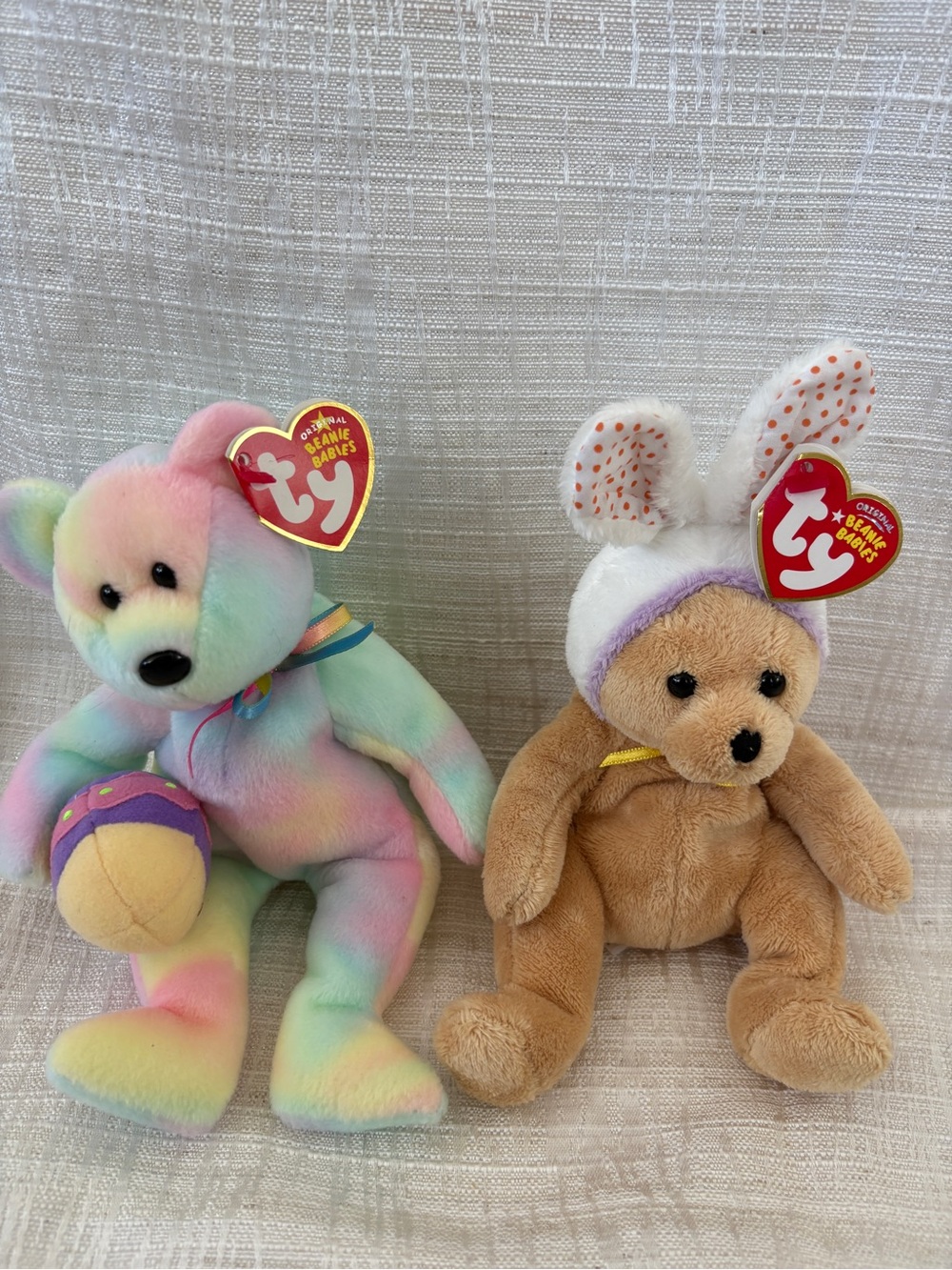 Ty Plush Bears - Pastel Rainbow & Tan with Bunny Ear Hat
